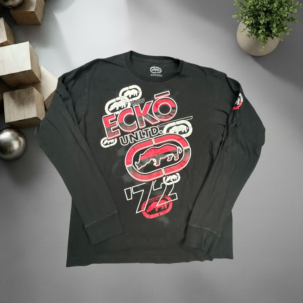 Vintage Ecko Unltd Long Sleeve Graphic Tee Black Red Rhino Y2K Skater Shirt L